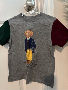 Polo by Ralph Lauren Grey Bear Graphic Tee with Green & Burgundy Sleeves